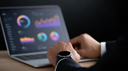 Focused businessman using laptop for business data analysis. analyst views chart and graph on screen, checking smartwatch, showing intense concentration on technology
