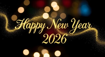 Elegant golden script text happy new year 2026 with sparkling trails and bokeh lights
