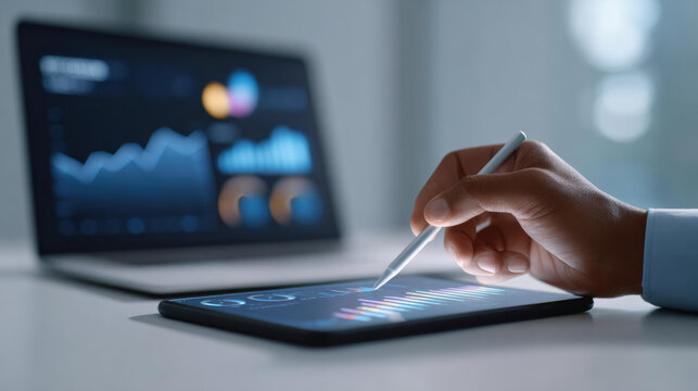 Focused businessman doing data analysis on digital tablet screen. professional using technology with chart and graph for finance strategy, showing deep concentration