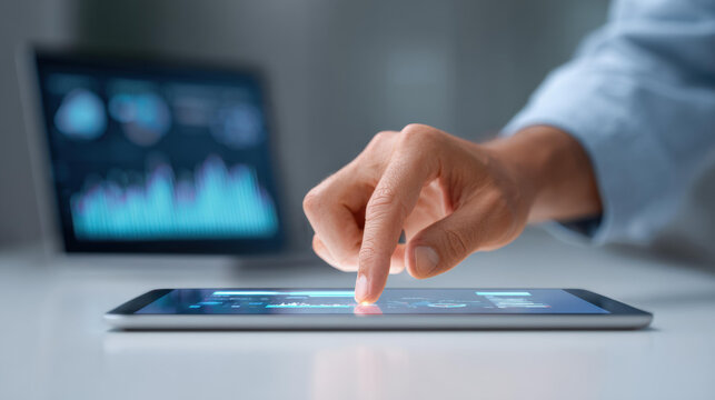 Focused man hand touching tablet screen for business data analysis. professional using modern technology to interact with digital chart for corporate strategy
