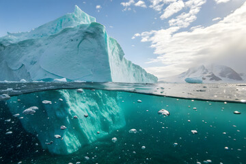 Split-view turquoise iceberg above and below