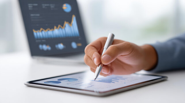 Focused businessman using stylus for financial analysis on digital tablet, reviewing business report with chart and graph showing data growth and modern technology
