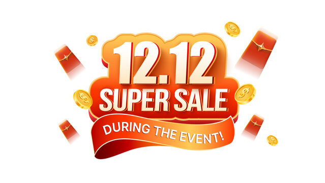 Bright 12.12 super sale event banner, featuring bold yellow numbers, December 12 Sale text label, flying envelopes, golden coins isolated on background. 3d vector illustration. Vector illustration