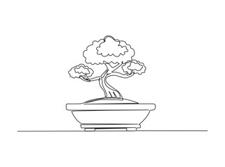 Continuous line art drawing of bonsai tree in a pot. Beautiful bonsai tree art in single outline illustration.