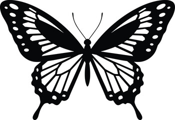 Elegant butterfly vector illustration, detailed black silhouette with patterned wings, symbol of beauty, freedom, and transformation for nature and decorative design concepts
