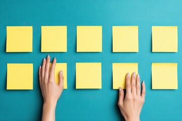 Hands arranging vibrant yellow sticky notes on a textured teal background showcasing organization creativity and productivity techniques in a modern workspace setting