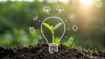Sustainability banner with glowing bulb silhouette and seedling
