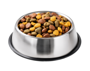 Stainless steel dog bowl filled with kibble isolated on a transparent background