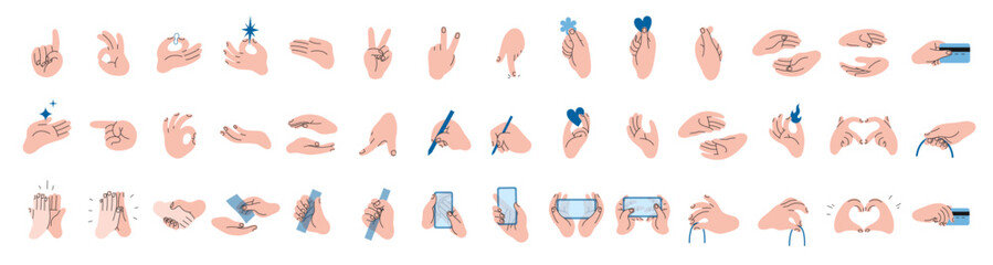 Bid set of hands showing gestures, emotions, and actions. Communication, body language, and expression concept. Trendy modern vector illustration isolated on white background, hand drawn, flat design