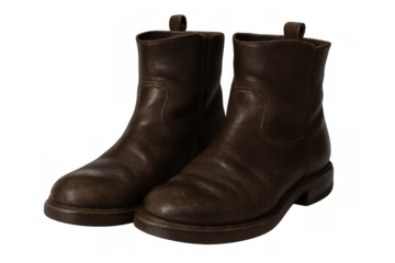 Pair of brown leather ankle boots, fashion footwear showing wear and tear, product isolated on transparent background