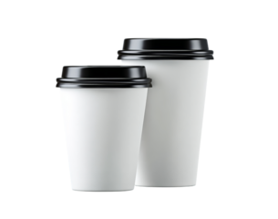 Two white paper coffee cups with black lids isolated on a transparent background 1