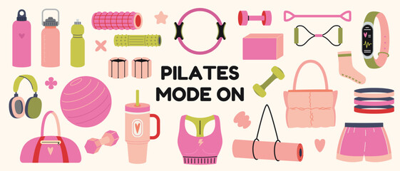 Set of accessories for pilates and home workout. Fitness, stretching and healthy lifestyle concept. Trendy modern vector illustration isolated on background, hand drawn, flat design