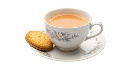 A classic white ceramic teacup filled with creamy milky tea sits on a matching saucer next to a sweet biscuit and sugar cube isolated on transparent background