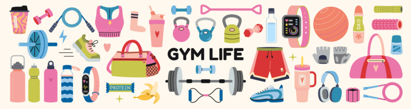 Sport accessories, workout clothes and Gym equipment set. Fitness, strength and healthy lifestyle concept. Trendy modern vector illustration isolated on background, hand drawn, flat design