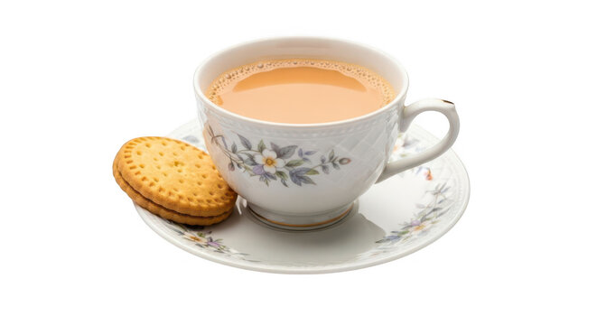 A classic white ceramic teacup filled with creamy milky tea sits on a matching saucer next to a sweet biscuit and sugar cube isolated on transparent background