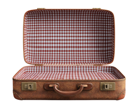 Vintage Open Suitcase with Gingham Lining isolated on a transparent background