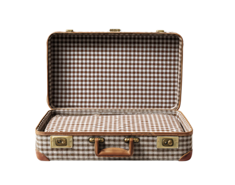 Vintage Open Suitcase Brown Checkered Fabric isolated on a transparent background