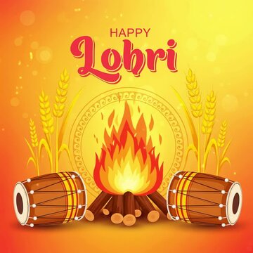 video of celebrate the vibrant festival of lohri with a bonfire, traditional dhol drums, and wheat stalks against a warm, festive background
