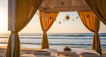 Embrace a tranquil new year's celebration within a luxurious beachfront cabana, showcasing breathtaking ocean views for a serene escape and festive joy