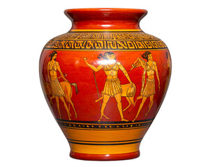  Elegant Red-Figure Greek Krater Vase Depicting Ancient Scene, Museum Artifact, Transparent Background