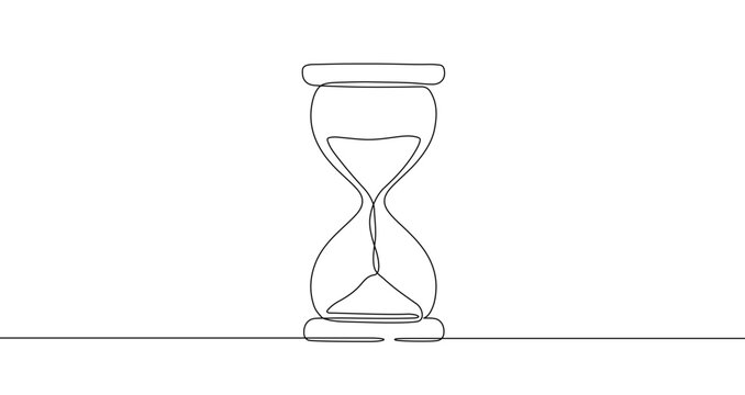 Classic hourglass with sand in one line art style. Symbol of time with editable black stroke on white background. Vector illustration.