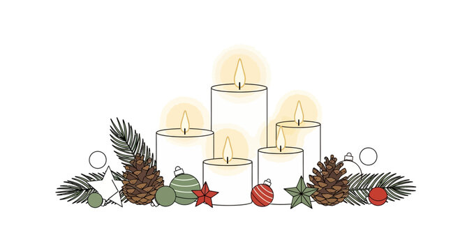 Festive arrangement of lit candles with pine cones fir branches and christmas ornaments on a white background