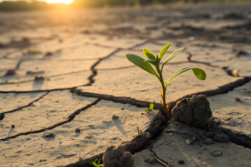Tiny plant in fissured ground with golden rim light