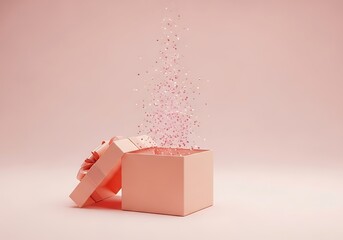 A pink gift box opens with a cascade of pink confetti falling out against a soft pink background, symbolizing celebration and surprise