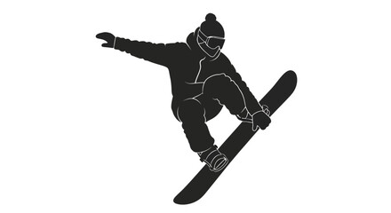 Silhouette of snowboarder performing a trick on a snowboard wearing winter gear