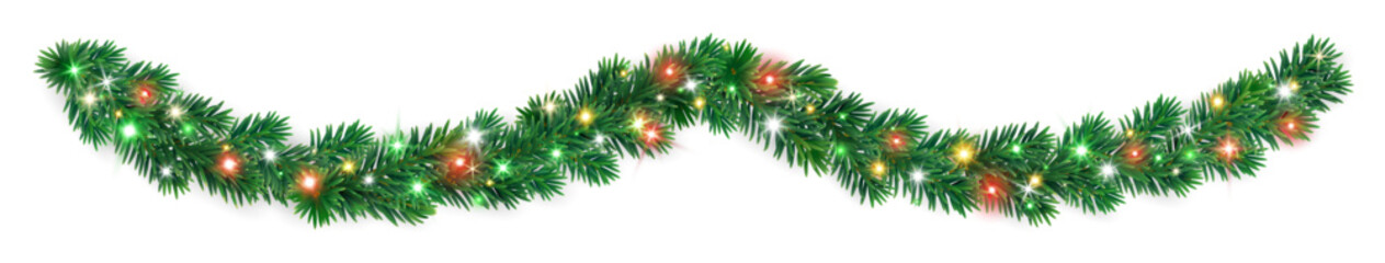 Bright Christmas tree garland of fir branches with multicolor glowing lights. Festive decorative divider for holiday banners, cards, and posters. Transparent background in vector file.