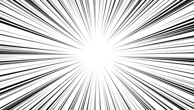 A dynamic abstract image features black lines radiating outward from a central white point, creating movement