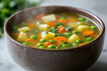 Warm vegetable soup with fresh herbs served in a rustic bowl on a gray countertop during a cozy autumn afternoon