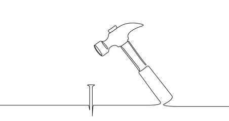 Classic claw hammer above a nail in one line art style. Symbol of construction with editable black stroke. Vector illustration.