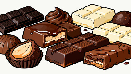 A collection of various chocolates, featuring cartoon hand-drawn vector illustrations, dark chocolate, white chocolate, hazelnut chocolate, filled chocolate, and heart-shaped chocolate