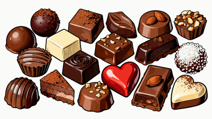 A collection of various chocolates, featuring cartoon hand-drawn vector illustrations, dark chocolate, white chocolate, hazelnut chocolate, filled chocolate, and heart-shaped chocolate
