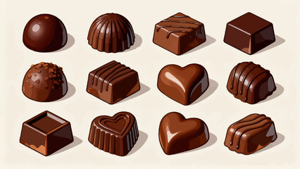 A collection of various chocolates, featuring cartoon hand-drawn vector illustrations, dark chocolate, white chocolate, hazelnut chocolate, filled chocolate, and heart-shaped chocolate