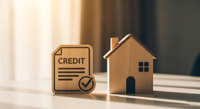 A wooden house model is placed next to a credit approval document, symbolizing home loans and financial readiness for property ownership