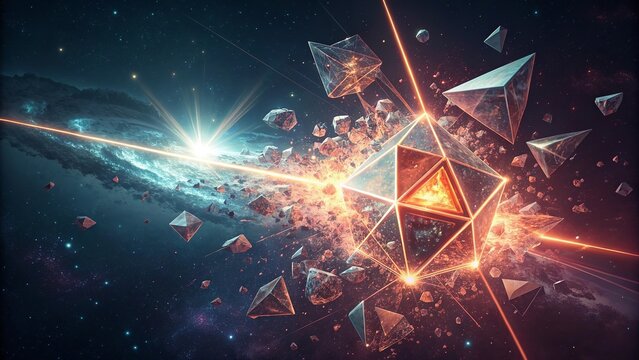An abstract explosion of geometric shards and crystal fragments creating a dynamic futuristic composition with energy motion and light reflections.