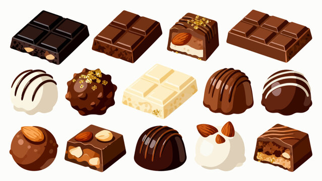 A collection of various chocolates, featuring cartoon hand-drawn vector illustrations, dark chocolate, white chocolate, hazelnut chocolate, filled chocolate, and heart-shaped chocolate