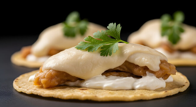 Taco Trio with Cilantro Garnish: Three delectable tacos, each a culinary masterpiece with a vibrant cilantro garnish, presenting a symphony of flavors and textures that tantalize the senses.