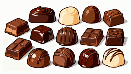 A collection of various chocolates, featuring cartoon hand-drawn vector illustrations, dark chocolate, white chocolate, hazelnut chocolate, filled chocolate, and heart-shaped chocolate
