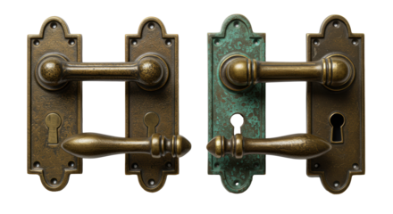 Four antique bronze door lever handles with ornate backplates and distressed patina on a transparent background. Concept of vintage architectural hardware