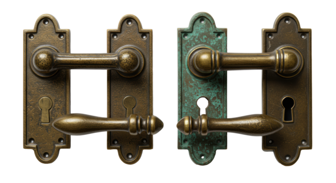 Four antique bronze door lever handles with ornate backplates and distressed patina on a transparent background. Concept of vintage architectural hardware