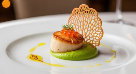 Gourmet Plate: A culinary masterpiece features a perfectly seared scallop, crowned with vibrant roe, and elegantly arranged atop a bed of creamy pea puree, complemented by a delicate cracker.
