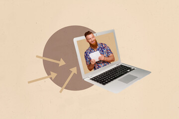 Composite 3d art pop image collage of happy businessman businesswoman stand laptop device freelancer programmer decoding