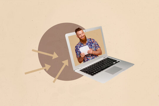 Composite 3d art pop image collage of happy businessman businesswoman stand laptop device freelancer programmer decoding