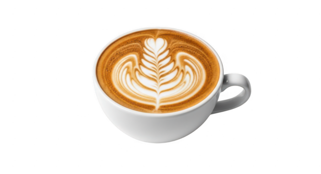 A delicious hot latte coffee with beautiful latte art of a fern leaf pattern in a white mug isolated on transparent background