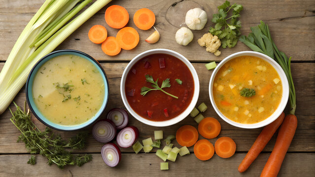 Set of soups from worldwide cuisines, healthy food. Broth with noodles, beef soup and broth with marrow dumplings. All soups with healthy vegetables on table