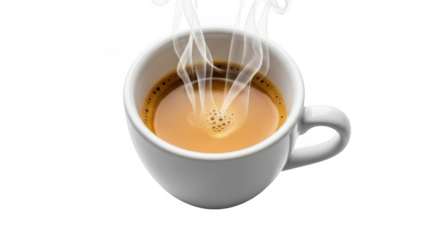 A steaming cup of hot coffee with rich crema and steam rising isolated on transparent background