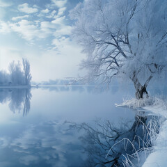 Serene winter landscape with frosted tree by calm river reflecting sky  